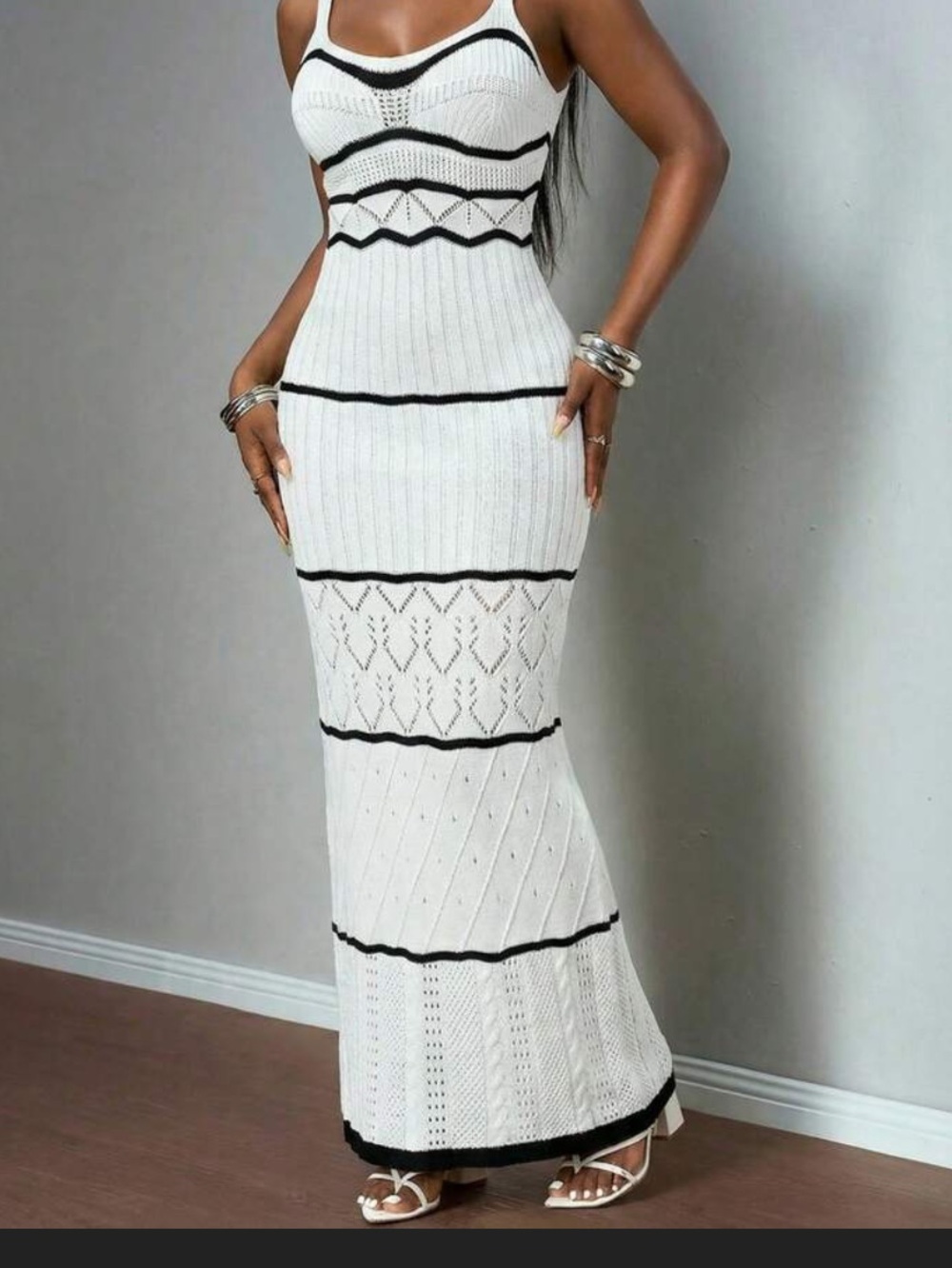 SHEIN White Maxi Knit Dress with Black Stripes Size L HOT SUMMER TREND